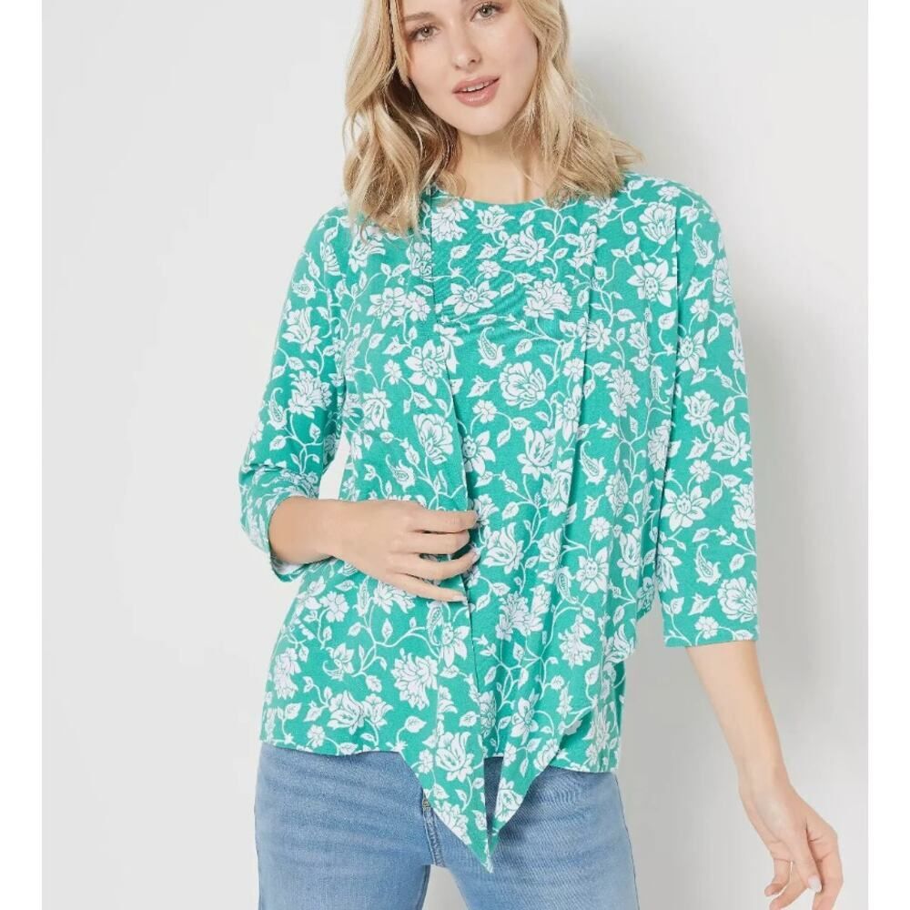 NEW Denim & Co. QVC Printed Jersey Tie Front Shrug w Tank Top Sz 5X Kelly Green